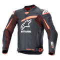 Alpinestars GP Plus R V4 Rideknit Leather Jacket, zwarte en oranje motorracejas met witte logo's, geperforeerde borst en mouwen, oranje schouderaccenten, ritssluiting aan de voorzijde met verstelbare taillebanden, duurzaam sportief ontwerp