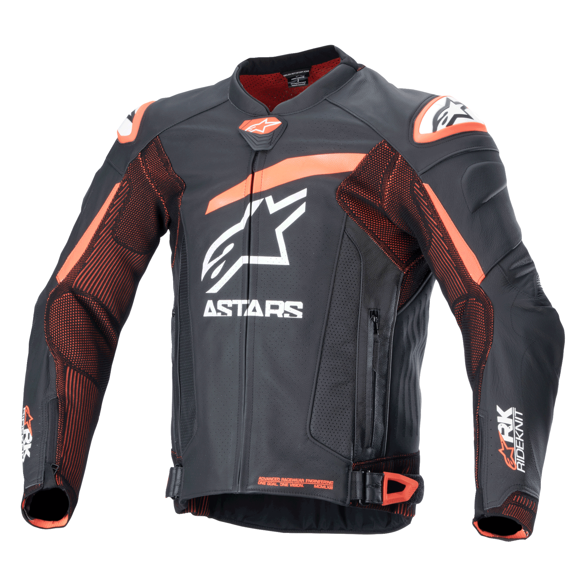 Alpinestars GP Plus R V4 Rideknit Leather Jacket, zwarte en oranje motorracejas met witte logo's, geperforeerde borst en mouwen, oranje schouderaccenten, ritssluiting aan de voorzijde met verstelbare taillebanden, duurzaam sportief ontwerp