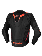 Alpinestars Missile V3 Ignition Leren Jas, heren race motorjas, zwart en rood fluo, CE-gecertificeerd, premium rundleer met sport aerodynamische rugbult en stretchpanelen, achteraanzicht