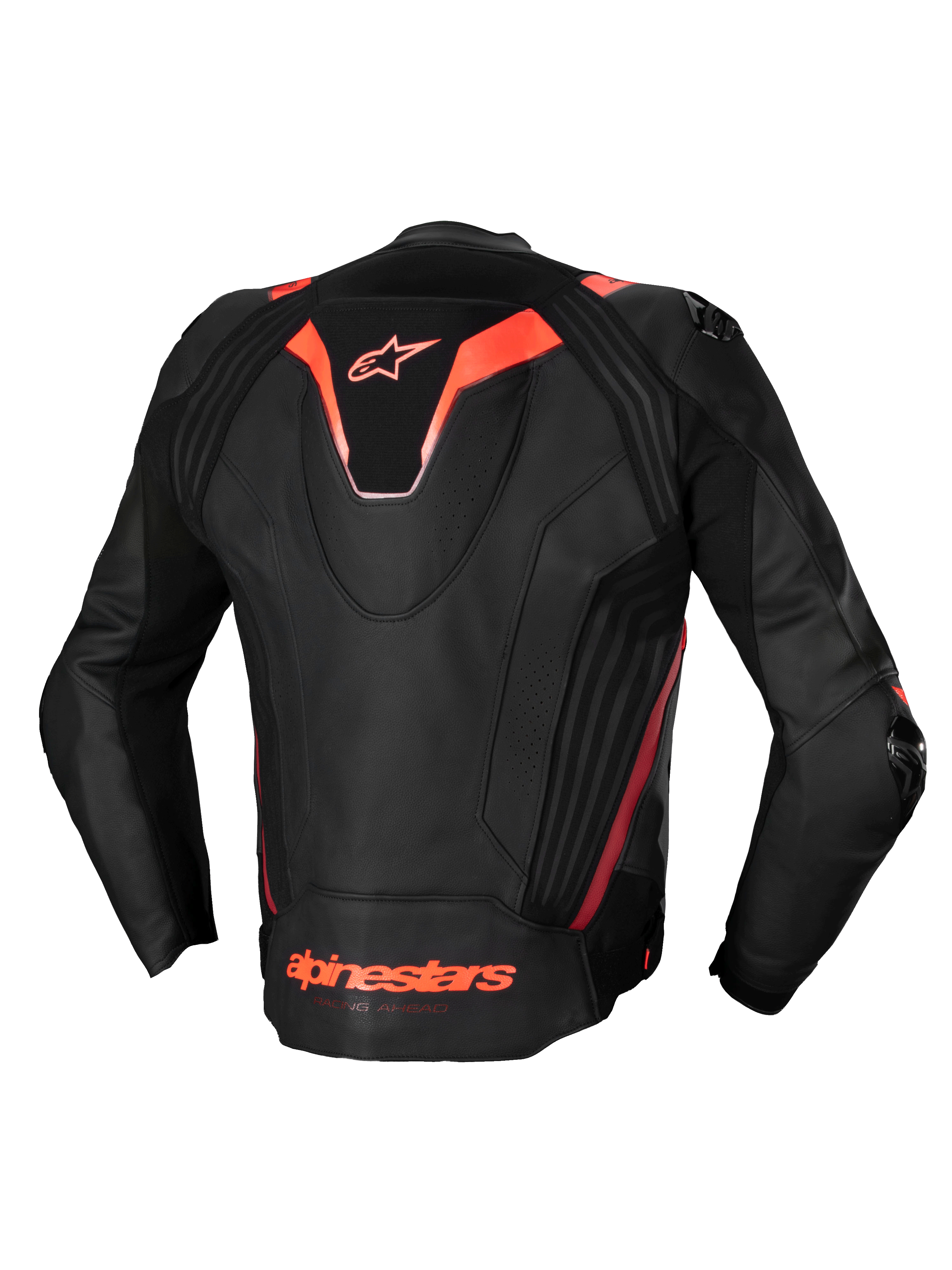 Alpinestars Missile V3 Ignition Leren Jas, heren race motorjas, zwart en rood fluo, CE-gecertificeerd, premium rundleer met sport aerodynamische rugbult en stretchpanelen, achteraanzicht