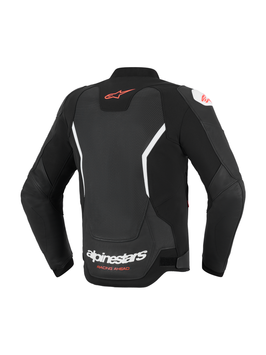 Alpinestars GP Force V2 Air Leren Jas, achteraanzicht, zwart en wit, voorzien van een uitgebreid geperforeerd rugpaneel voor ventilatie, rood Alpinestars-logo op de bovenrug, witte merknaam op de onderrug, hoogwaardige runderleren constructie voor sportief rijden