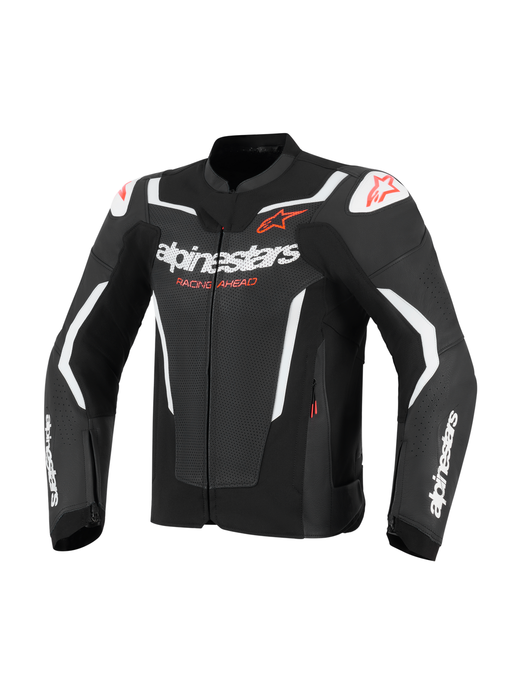 Alpinestars GP Force V2 Air leren jas, motorjas, zwart en wit met rode accenten, voorzien van geperforeerde leren panelen voor ventilatie, witte Alpinestars-logo's en 'Racing Ahead'-tekst, DFS-schouder sliders, sportief race-ontwerp