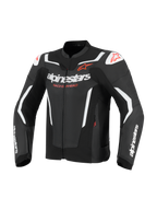 Alpinestars GP Force V2 Air leren jas, motorjas, zwart en wit met rode accenten, voorzien van geperforeerde leren panelen voor ventilatie, witte Alpinestars-logo's en 'Racing Ahead'-tekst, DFS-schouder sliders, sportief race-ontwerp