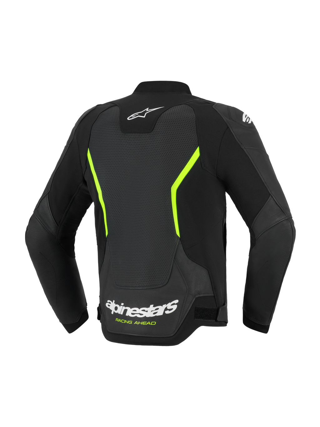 Alpinestars GP Force V2 Air Leren Jas, motorjas, zwart en fluogeel, achteraanzicht met grote geperforeerde leren panelen, witte Alpinestars logo's, opvallende gele accenten en een sportieve pasvorm