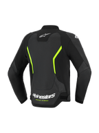 Alpinestars GP Force V2 Air Leren Jas, motorjas, zwart en fluogeel, achteraanzicht met grote geperforeerde leren panelen, witte Alpinestars logo's, opvallende gele accenten en een sportieve pasvorm