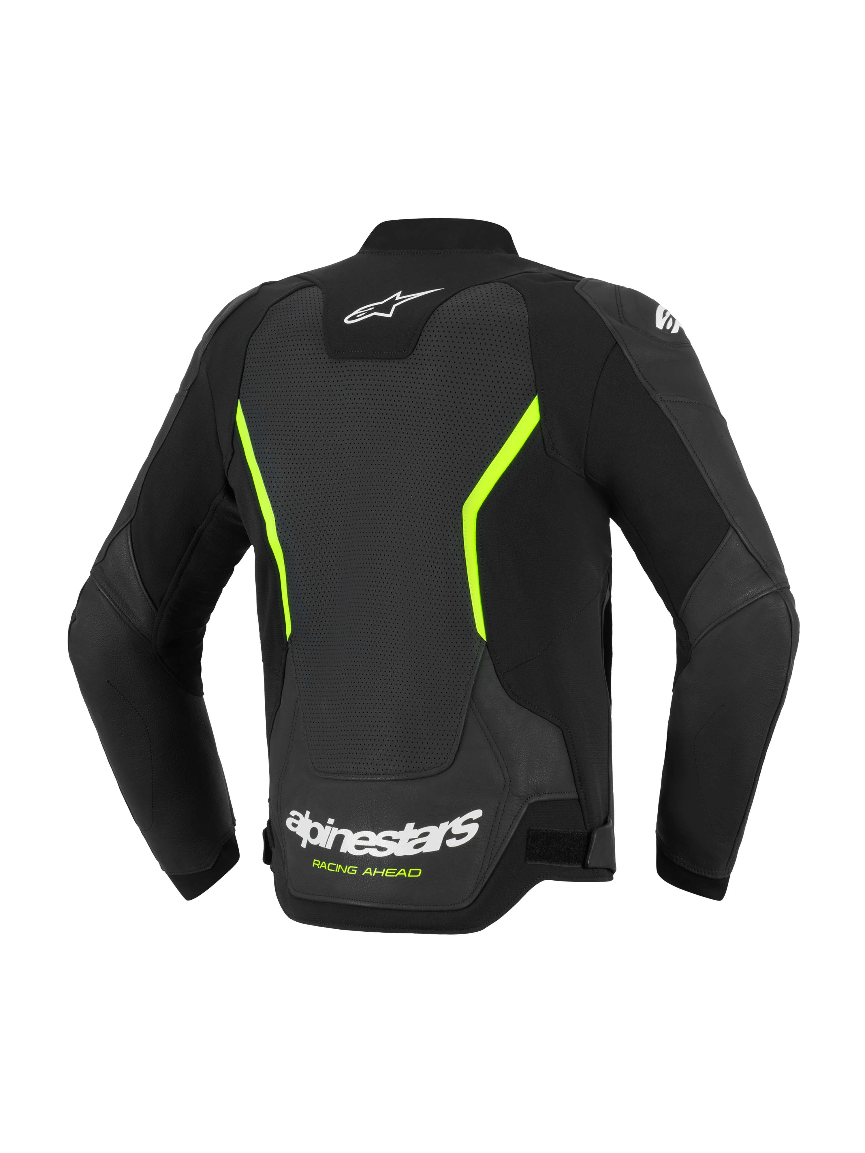 Alpinestars GP Force V2 Air Leren Jas, motorjas, zwart en fluogeel, achteraanzicht met grote geperforeerde leren panelen, witte Alpinestars logo's, opvallende gele accenten en een sportieve pasvorm