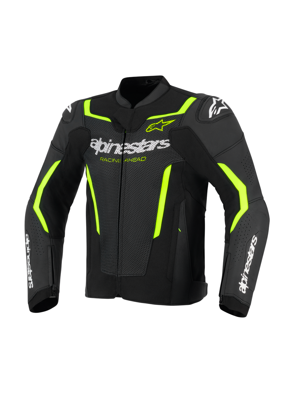 Alpinestars GP Force V2 Air leren jas, lederen motorjas, zwart en fluogeel, met geperforeerde leren panelen voor luchtstroom, opvallende witte Alpinestars-branding op de borst en onderarmen, en fluorescerend gele accenten op de schouders en mouwen voor een sportieve look.