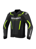 Alpinestars GP Force V2 Air leren jas, lederen motorjas, zwart en fluogeel, met geperforeerde leren panelen voor luchtstroom, opvallende witte Alpinestars-branding op de borst en onderarmen, en fluorescerend gele accenten op de schouders en mouwen voor een sportieve look.