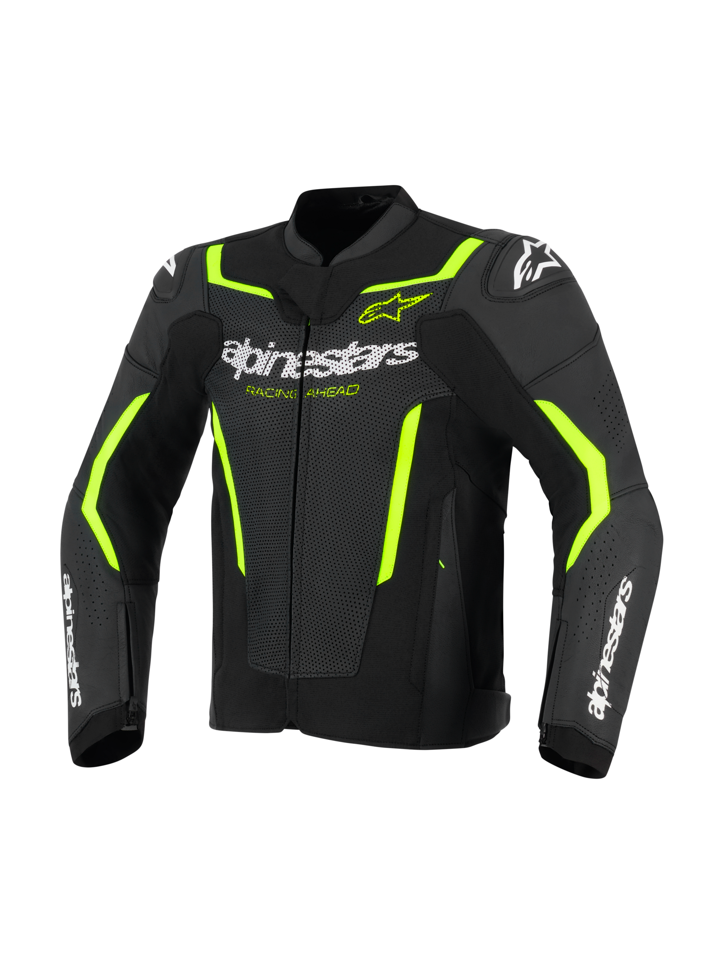 Alpinestars GP Force V2 Air leren jas, lederen motorjas, zwart en fluogeel, met geperforeerde leren panelen voor luchtstroom, opvallende witte Alpinestars-branding op de borst en onderarmen, en fluorescerend gele accenten op de schouders en mouwen voor een sportieve look.