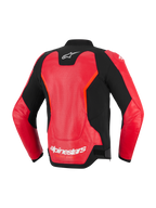 Alpinestars GP Force V2 Air Leren Jas, achteraanzicht, rood en zwart, voorzien van een groot geperforeerd leren paneel voor ventilatie, wit Alpinestars-logo in de nek en op de onderrug, strak sportief ontwerp voor motorrijden op de weg