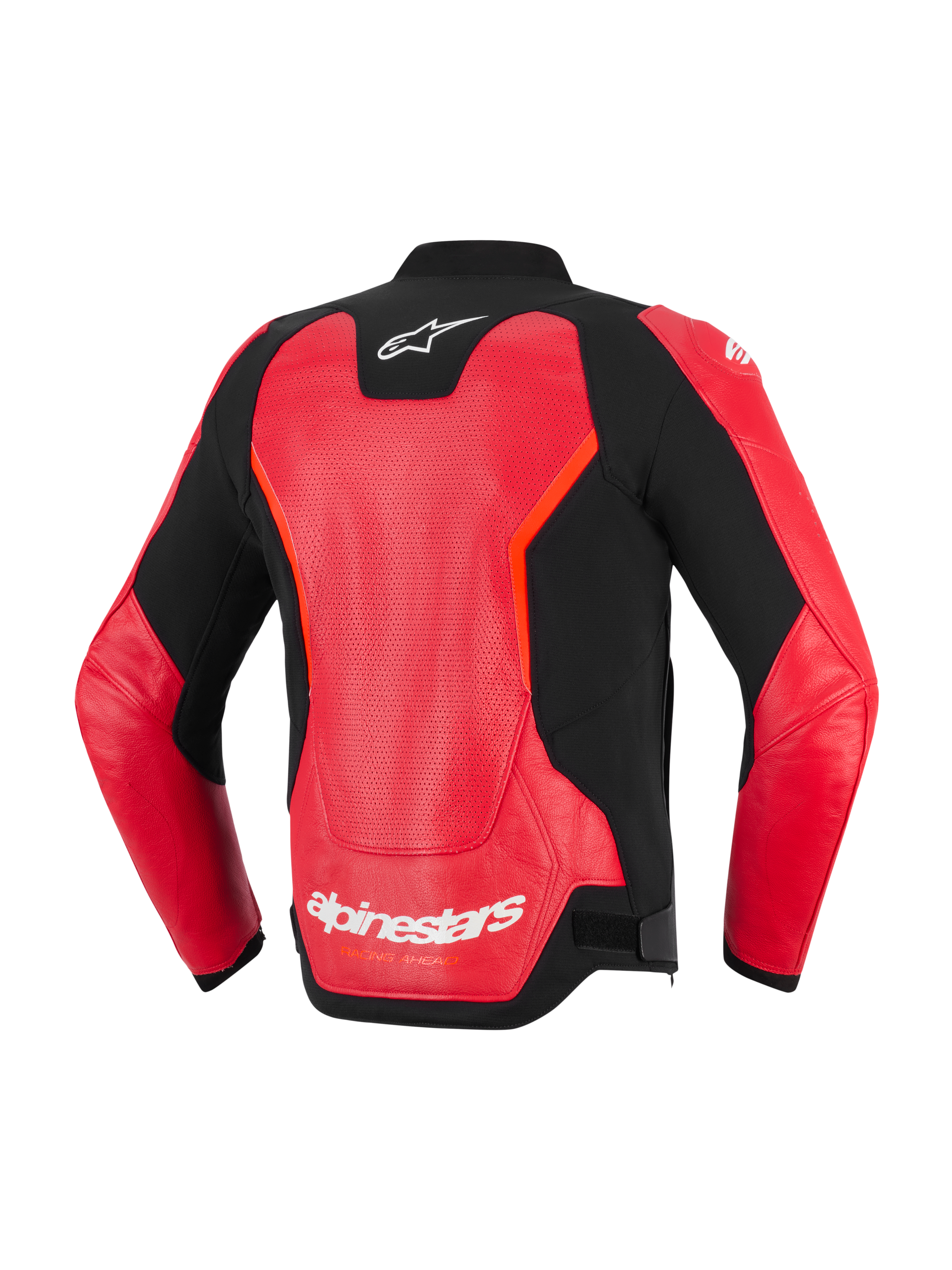 Alpinestars GP Force V2 Air Leren Jas, achteraanzicht, rood en zwart, voorzien van een groot geperforeerd leren paneel voor ventilatie, wit Alpinestars-logo in de nek en op de onderrug, strak sportief ontwerp voor motorrijden op de weg