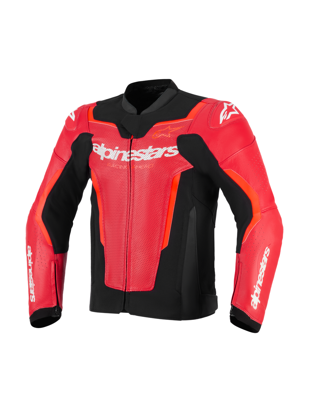 Alpinestars GP Force V2 Air Leren Jas, rood en Red Fluo met zwarte accenten, geperforeerd leer voor ventilatie, wit Alpinestars-logo op de borst, sportieve pasvorm motorrace-uitrusting