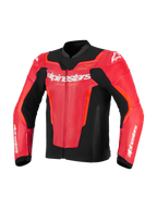 Alpinestars GP Force V2 Air Leren Jas, rood en Red Fluo met zwarte accenten, geperforeerd leer voor ventilatie, wit Alpinestars-logo op de borst, sportieve pasvorm motorrace-uitrusting
