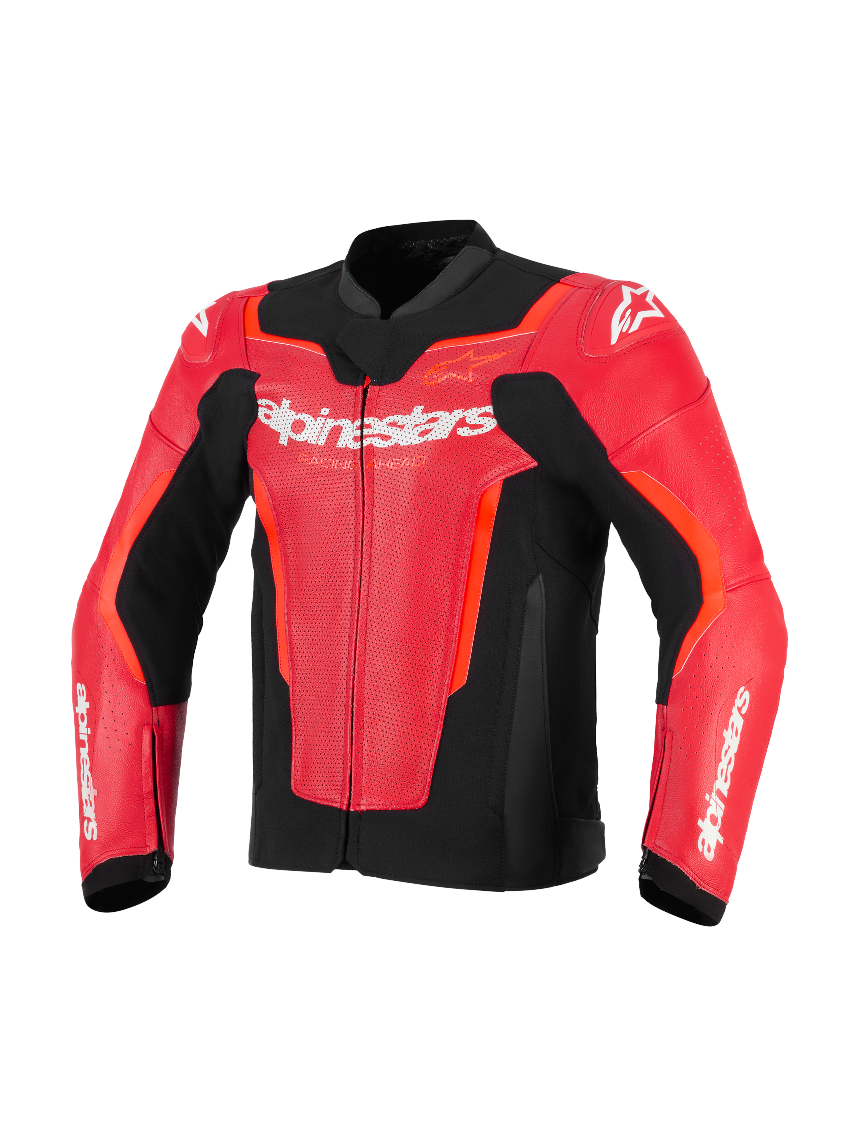 Alpinestars GP Force V2 Air Leren Jas, rood en Red Fluo met zwarte accenten, geperforeerd leer voor ventilatie, wit Alpinestars-logo op de borst, sportieve pasvorm motorrace-uitrusting