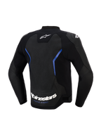 Alpinestars GP Force V2 Airflow Leather Jacket, Back view, Black and Metallic Blue, large perforated leather back panel for ventilation, white Alpinestars wordmark and 'RACING AHEAD' slogan at the lower hem, professional sport riding gear