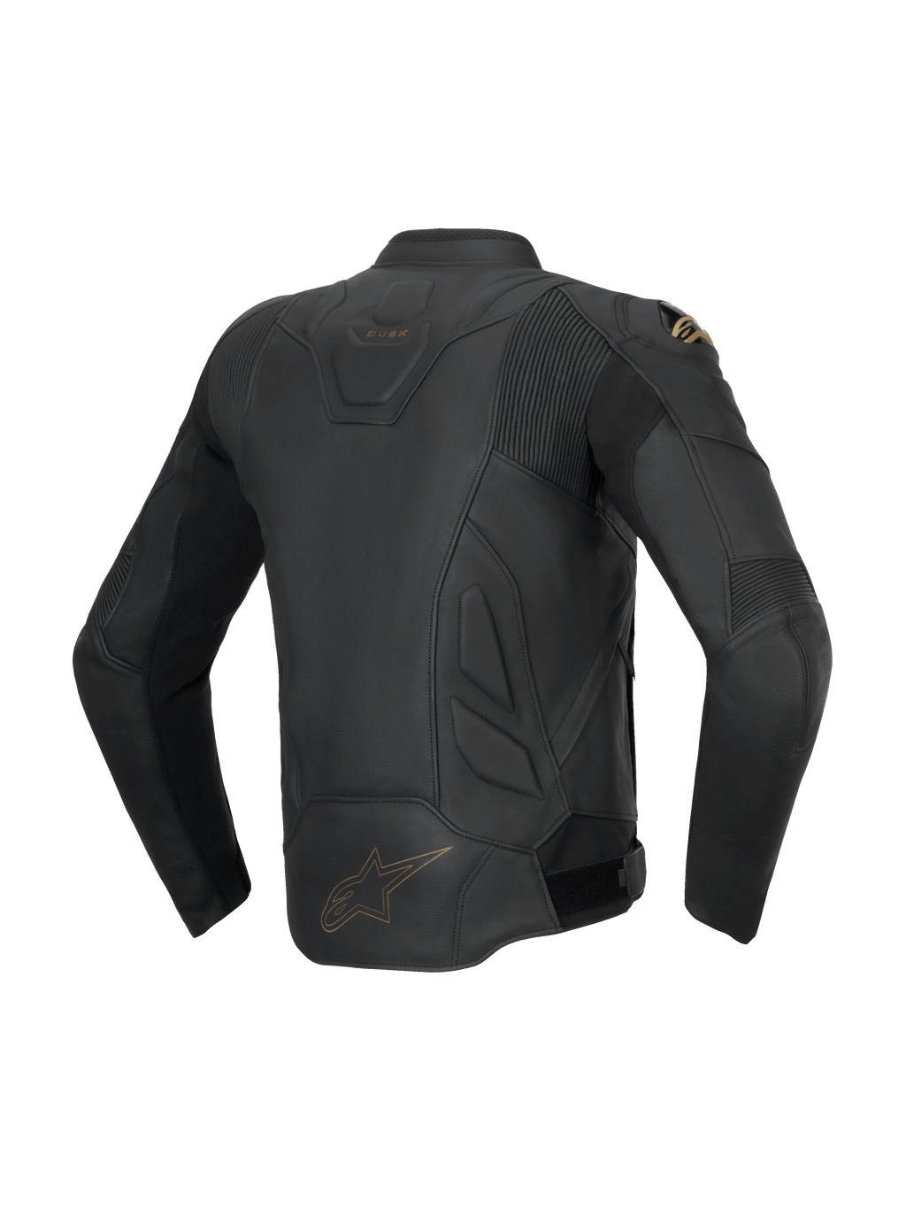 Alpinestars Dusk Leren Jas, zwarte sportieve herenmotorjas van runderleer, achteraanzicht met stretch-accordeonpanelen.