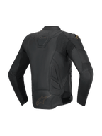 Alpinestars Dusk Leren Jas, zwarte sportieve herenmotorjas van runderleer, achteraanzicht met stretch-accordeonpanelen.