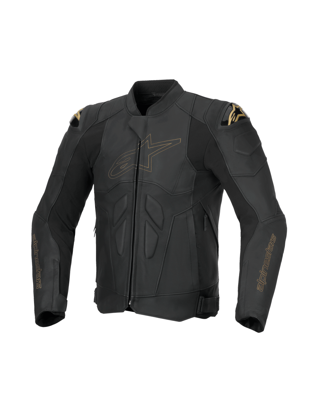 Alpinestars Dusk leren jas, heren motorracingjas, zwart met goudkleurige details, runderleer, DFS schoudersliders, Tech-Air® Ready, CE-gecertificeerd AA-klasse.