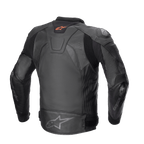Alpinestars GP Plus V4 Leren Jas, sportmotorjas, zwart, achteraanzicht met rood Astar-logo op de nek, grijs Astar-logo op de onderrug, runderleren constructie met A-CS™ Plus stretchpanelen