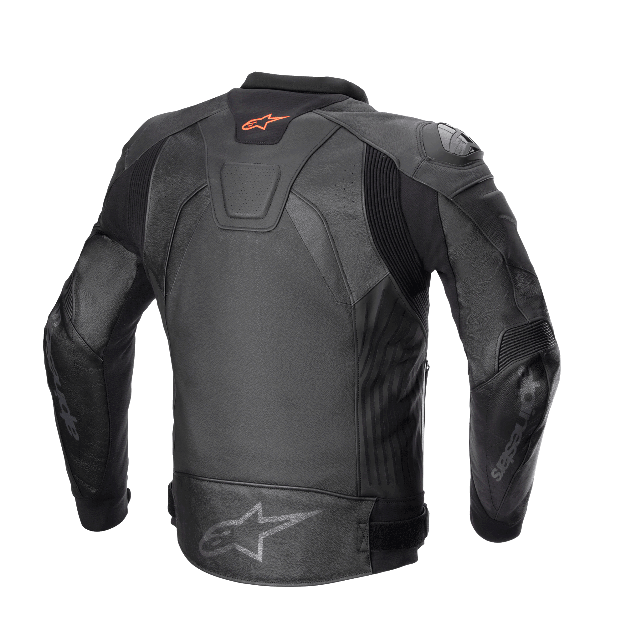 Alpinestars GP Plus V4 Leren Jas, sportmotorjas, zwart, achteraanzicht met rood Astar-logo op de nek, grijs Astar-logo op de onderrug, runderleren constructie met A-CS™ Plus stretchpanelen