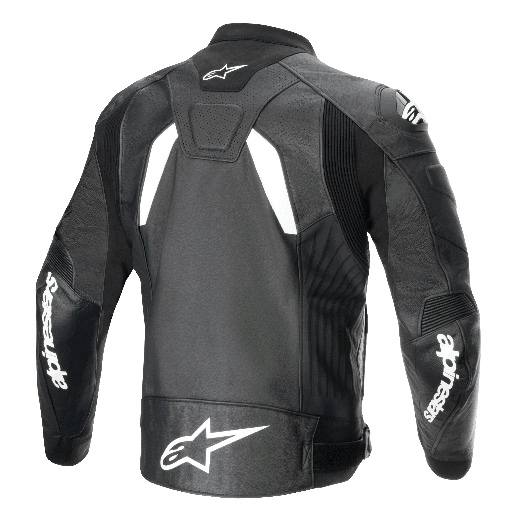 Alpinestars GP Plus R V4 Airflow leren jas, achteraanzicht, zwart en wit, voorzien van geperforeerd leer voor ventilatie, witte Alpinestars-logo's op de mouwen en onderrug, geïntegreerde stretchpanelen voor sportieve prestaties