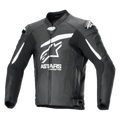 Alpinestars GP Plus R V4 Airflow leren jas, zwart met wit, vooraanzicht met groot wit Astars-logo en tekst op de borst, geperforeerde lederen panelen voor ventilatie, DFS-schoudersliders, zakken met ritssluiting en verstelbare taillebanden, premium lederen motorrace-uitrusting