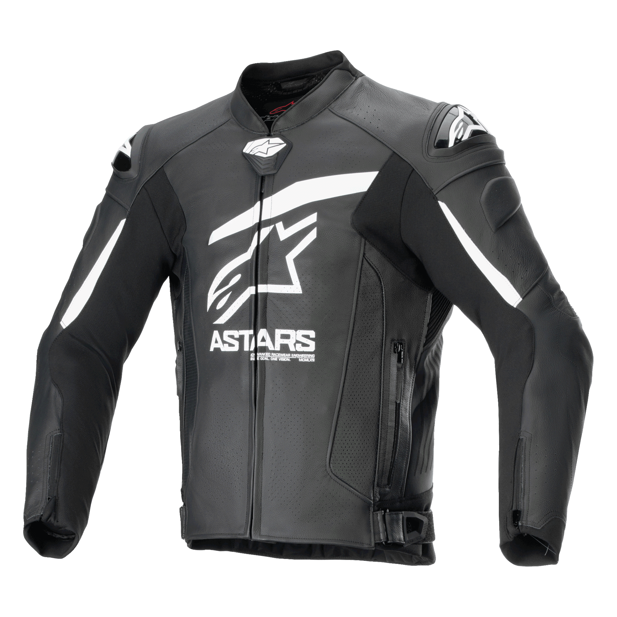 Alpinestars GP Plus R V4 Airflow leren jas, zwart met wit, vooraanzicht met groot wit Astars-logo en tekst op de borst, geperforeerde lederen panelen voor ventilatie, DFS-schoudersliders, zakken met ritssluiting en verstelbare taillebanden, premium lederen motorrace-uitrusting