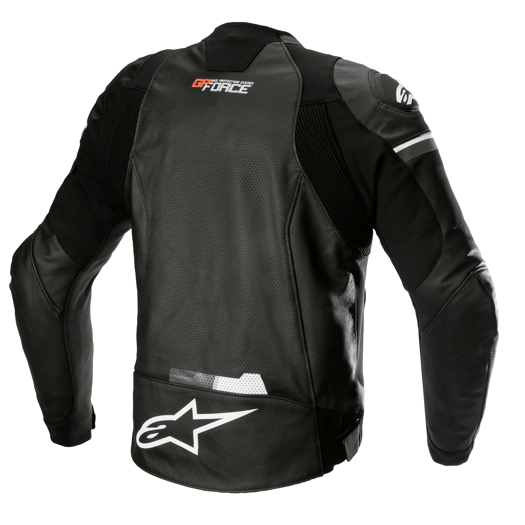 Alpinestars GP Force Airflow leren jas, zwart, achteraanzicht met geperforeerd buffelleer voor ventilatie, GP Force-branding op de nek, groot wit Alpinestars-sterlogo op de onderrug en geïntegreerde stretchpanelen voor een sportieve rijpasvorm