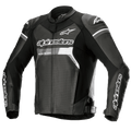 Alpinestars GP Force Airflow leren jas, zwart met witte en grijze accenten, motorracejas, volledig geperforeerd leer op de borst en rug voor ventilatie, externe DFS Lite schoudersliders, witte Alpinestars-logo's op de borst en mouwen, sportief ontwerp voor rijden op de weg