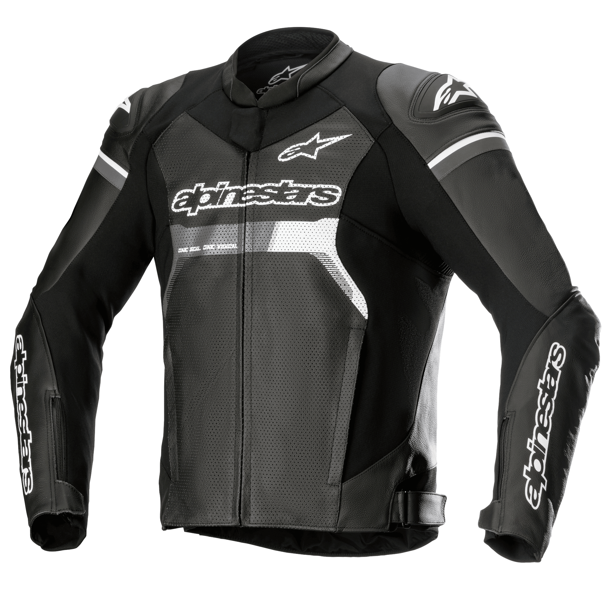 Alpinestars GP Force Airflow leren jas, zwart met witte en grijze accenten, motorracejas, volledig geperforeerd leer op de borst en rug voor ventilatie, externe DFS Lite schoudersliders, witte Alpinestars-logo's op de borst en mouwen, sportief ontwerp voor rijden op de weg