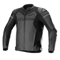 Alpinestars GP Force Airflow leren motorjas, motorracejas, zwart en donkergrijs, geperforeerde panelen voor ventilatie, externe DFS Lite schoudersliders, opvallende branding op de borst en mouwen, hoogwaardige leren constructie met verstelbare taillebanden