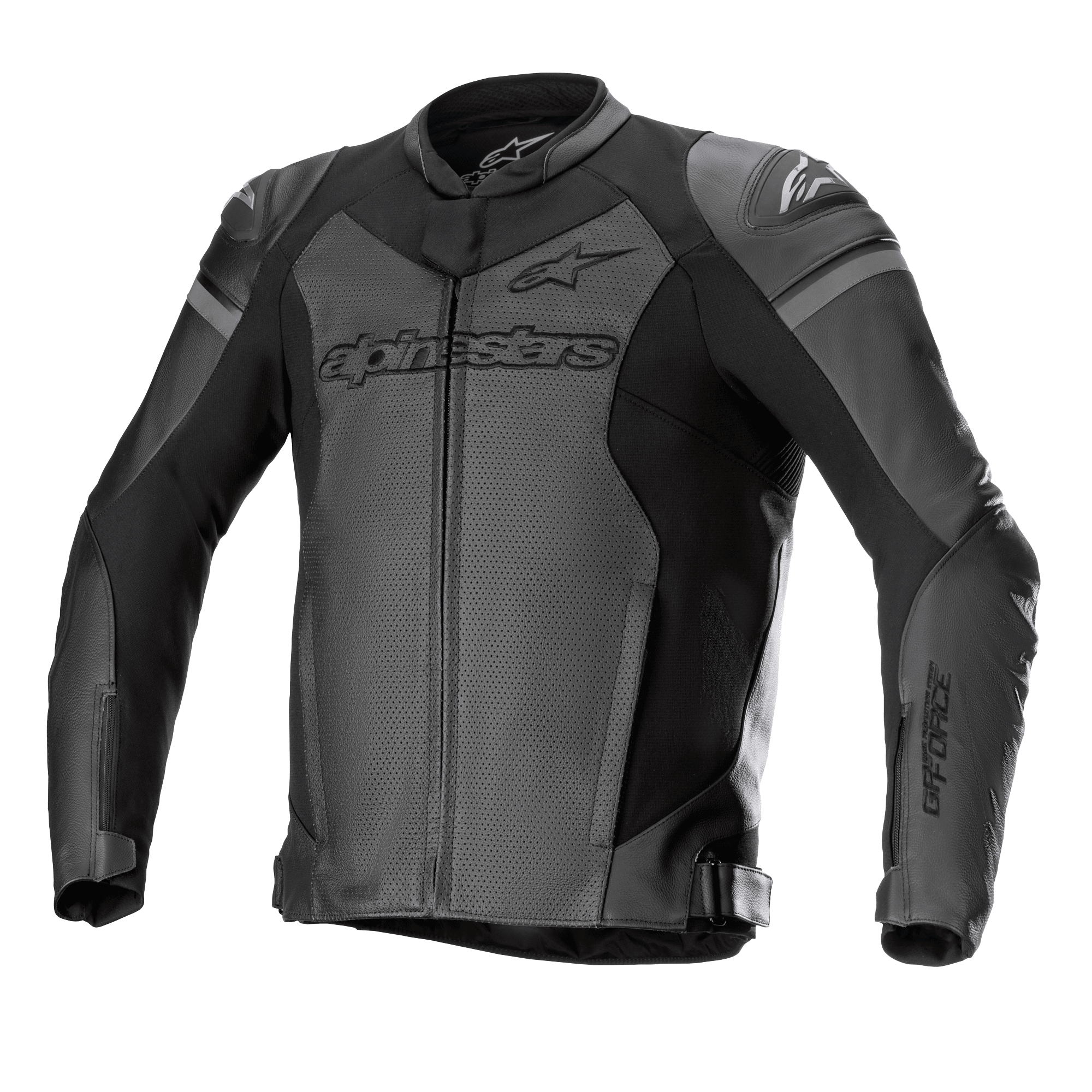 Alpinestars GP Force Airflow leren motorjas, motorracejas, zwart en donkergrijs, geperforeerde panelen voor ventilatie, externe DFS Lite schoudersliders, opvallende branding op de borst en mouwen, hoogwaardige leren constructie met verstelbare taillebanden