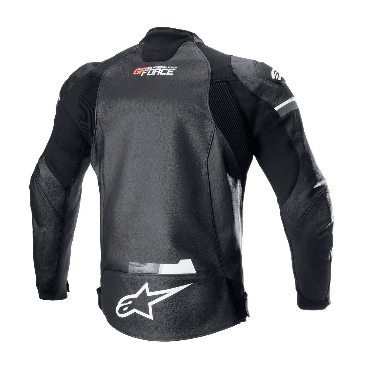 Alpinestars GP Force Leren Jas, zwart, achteraanzicht met wit Alpinestars-logo op de onderrug en GP Force-branding op de bovenrug, accordeon stretchpanelen en duurzame runderlederen constructie voor wegraces