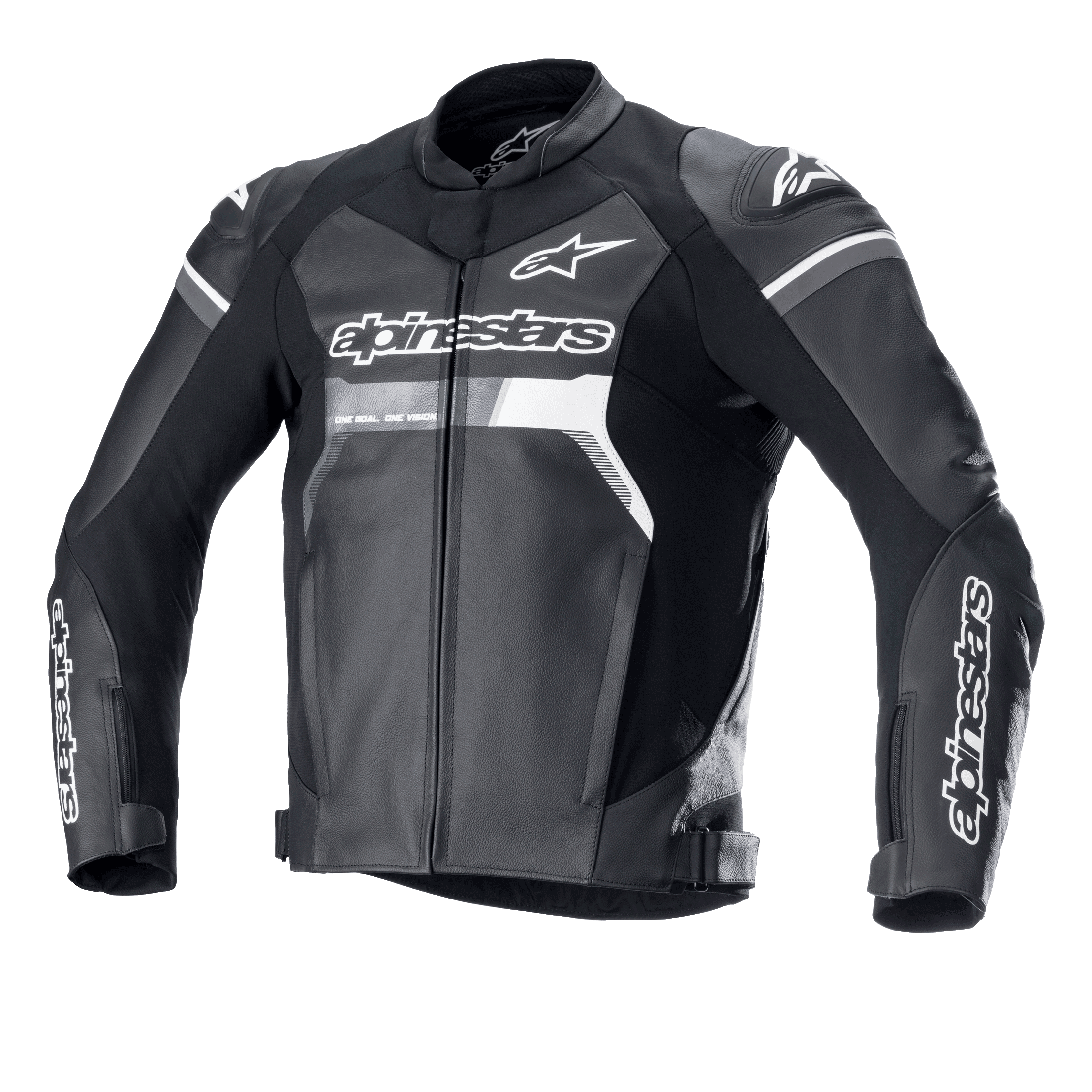 Alpinestars GP Force leren motorjas, zwart met witte en grijze accenten, motor racingjas, hoogwaardige constructie van runderleer, opvallende Alpinestars-branding op de borst en mouwen, DFS Lite-schouderprotectors, ergonomische sportieve pasvorm voor weggebruik.