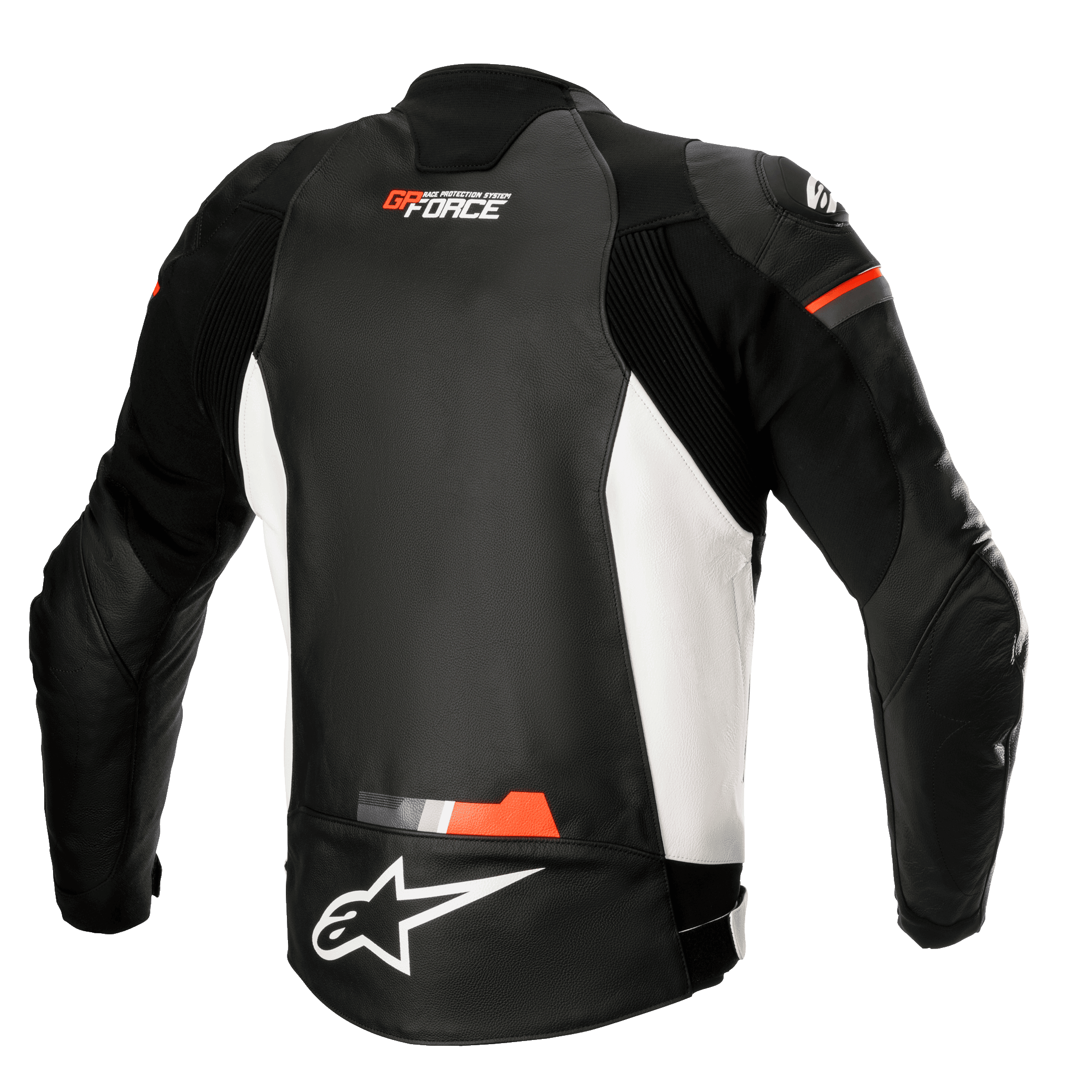 Alpinestars GP Force leren jas, leren motorjas, zwart wit en rood fluo, achteraanzicht met witte zijpanelen en fluorescerende rode accenten, GP Force en Alpinestars logo's, sportief leren ontwerp met accordeon stretchpanelen