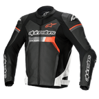 Alpinestars GP Force leren motorjas, racing motorjas, zwart met witte en rood fluo accenten, voorzien van opvallende Alpinestars-branding op de borst en mouwen, hoogwaardige runderleren constructie met DFS Lite schouderprotectoren, strak aerodynamisch silhouet