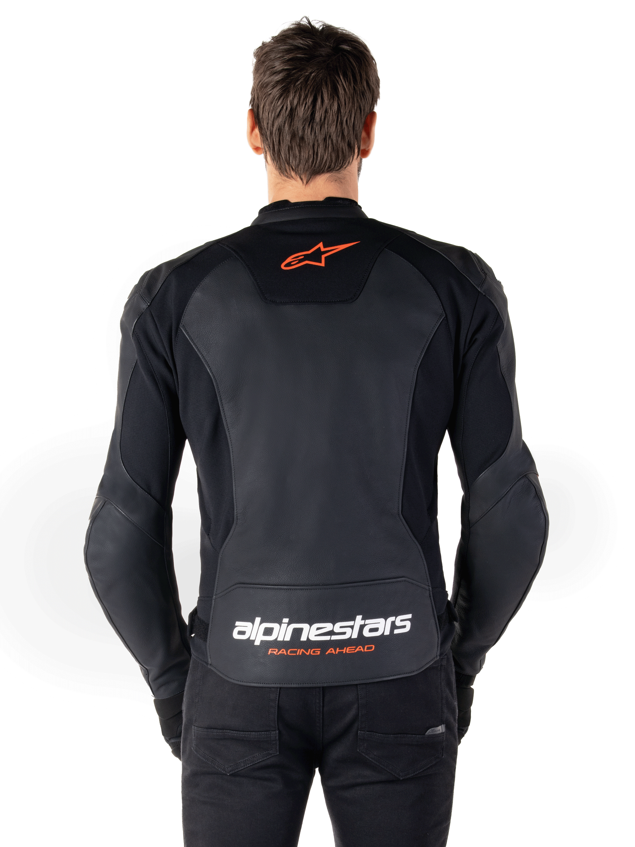 Alpinestars Faster V3 Leren Jas, sport motorjas, zwart en rood fluo, voorzien van een hoogwaardige leren constructie met HRSF stretchpanelen en een verfijnd sportief silhouet.