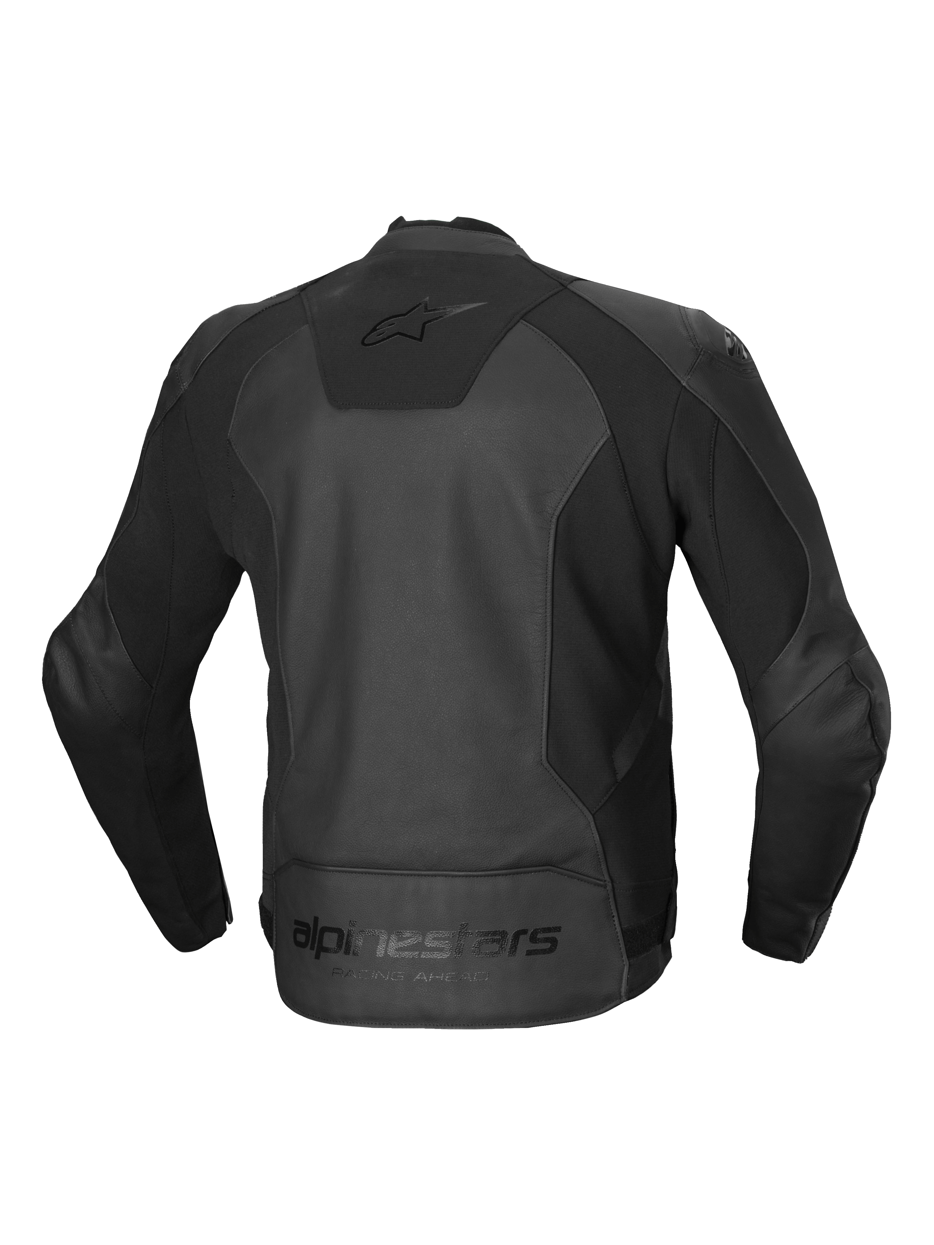 Alpinestars Faster V3 Leren Jas, heren motorjas, achteraanzicht in het zwart, CE-gecertificeerd AA-klasse met geavanceerde HRSF-stretchpanelen en ergonomisch ontwerp