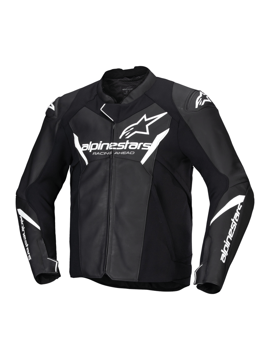 Alpinestars Faster V3 Leather Jacket, men's sport motorcycle riding jacket in Black and White, CE certified AA with leather construction and HRSF stretch panels