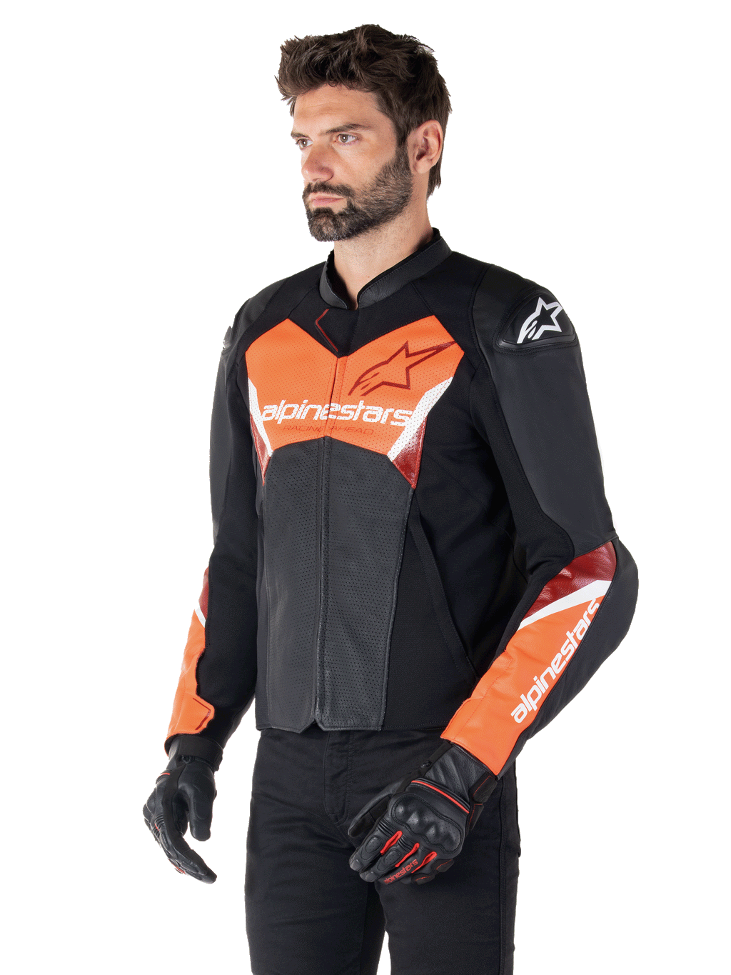 Alpinestars Faster V3 Airflow Leren Jas, sport motorjas, zwart en rood fluo, voorzien van geperforeerd leer voor ventilatie, HRSF stretchpanelen en DFS GP Lite schouderbeschermers, strak race-geïnspireerd silhouet