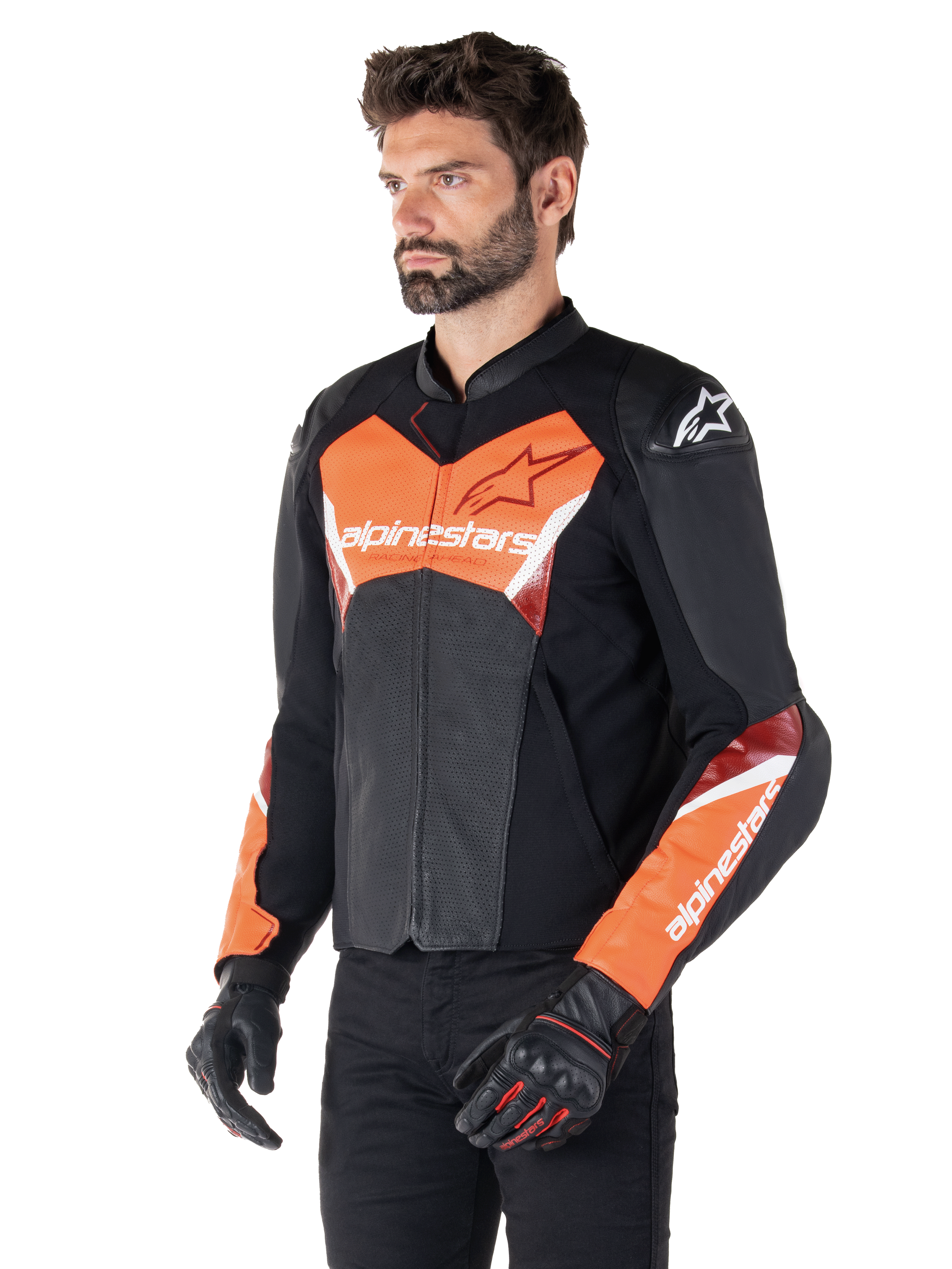 Alpinestars Faster V3 Airflow Leren Jas, sport motorjas, zwart en rood fluo, voorzien van geperforeerd leer voor ventilatie, HRSF stretchpanelen en DFS GP Lite schouderbeschermers, strak race-geïnspireerd silhouet