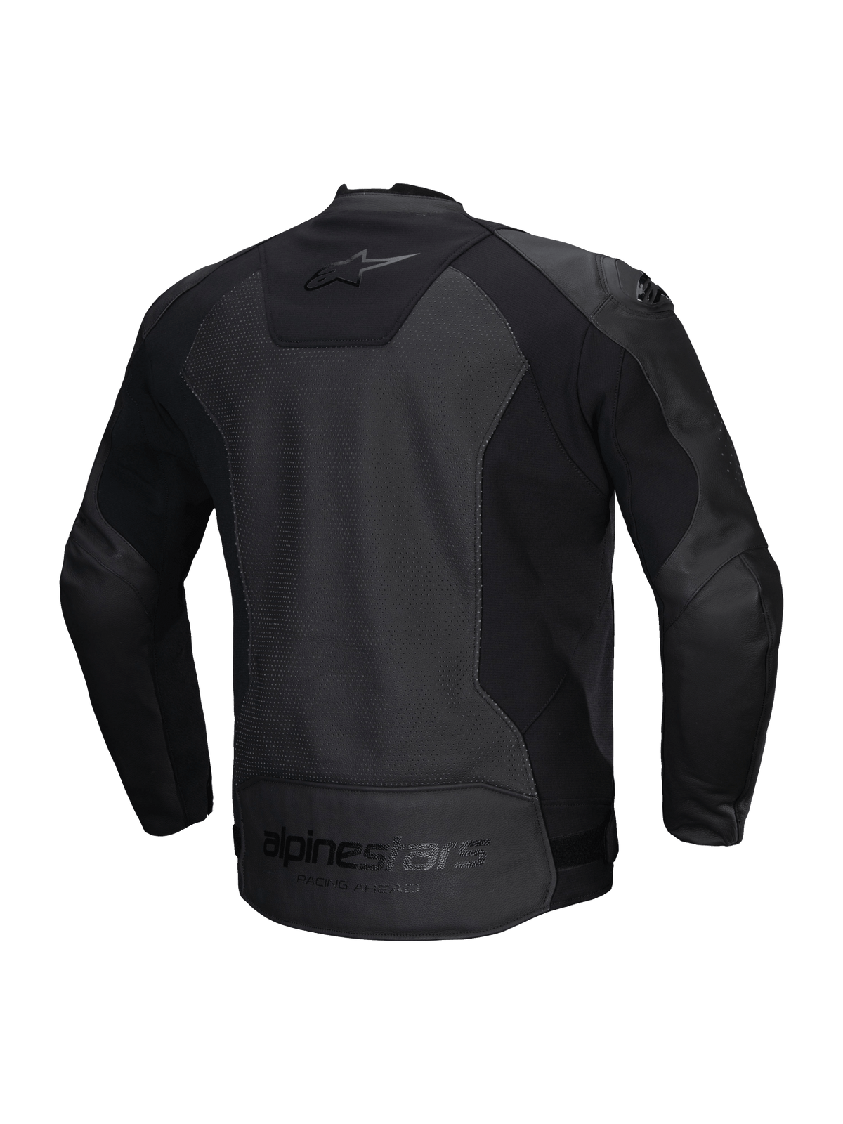 Alpinestars Faster V3 Airflow Leather Jacket, men's sport motorcycle riding jacket, black, CE certified with perforated leather and stretch panels, rear view showing stretch inserts and branding