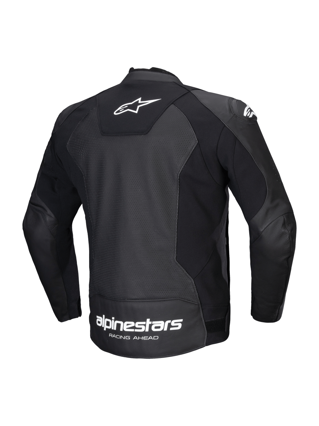 Alpinestars Faster V3 Airflow Leren Jas, heren sportmotorjas, achteraanzicht, zwart en wit, CE-gecertificeerd, HRSF stretchpanelen en geperforeerde lederen constructie