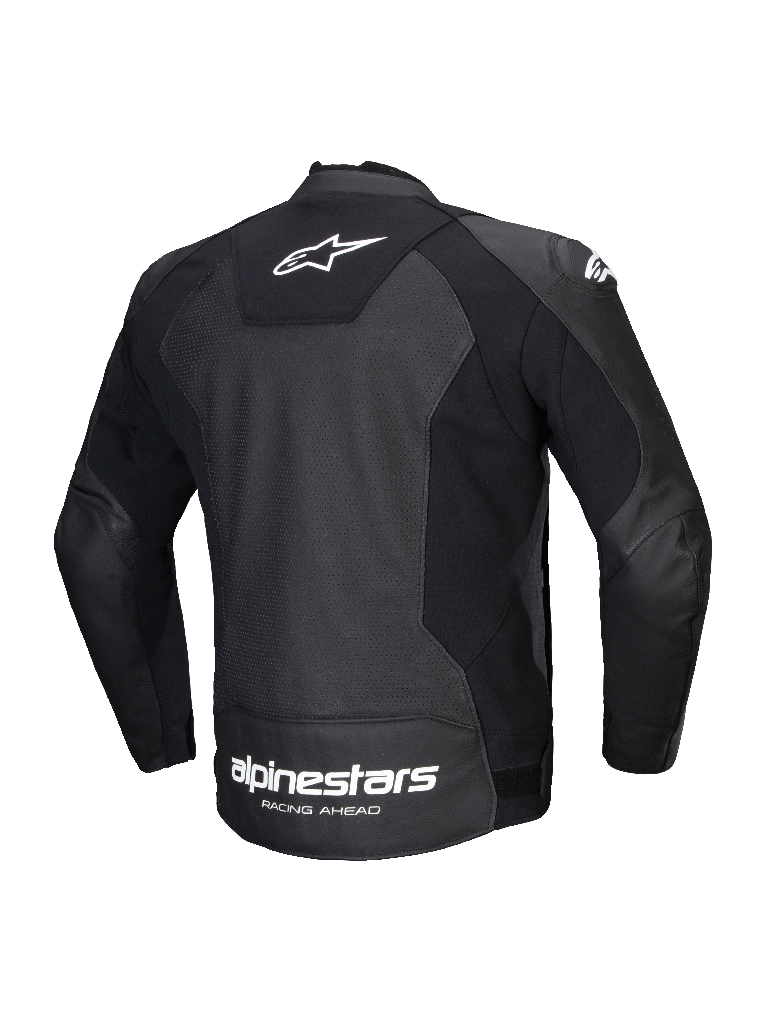 Alpinestars Faster V3 Airflow Leren Jas, heren sportmotorjas, achteraanzicht, zwart en wit, CE-gecertificeerd, HRSF stretchpanelen en geperforeerde lederen constructie