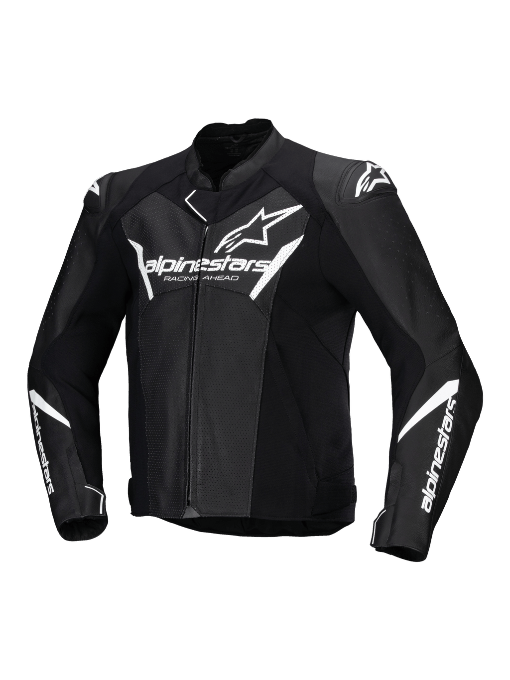 Alpinestars Faster V3 Airflow leren jas, heren-motorjas, zwart en wit, geperforeerd leer met schouderbescherming, CE-gecertificeerd