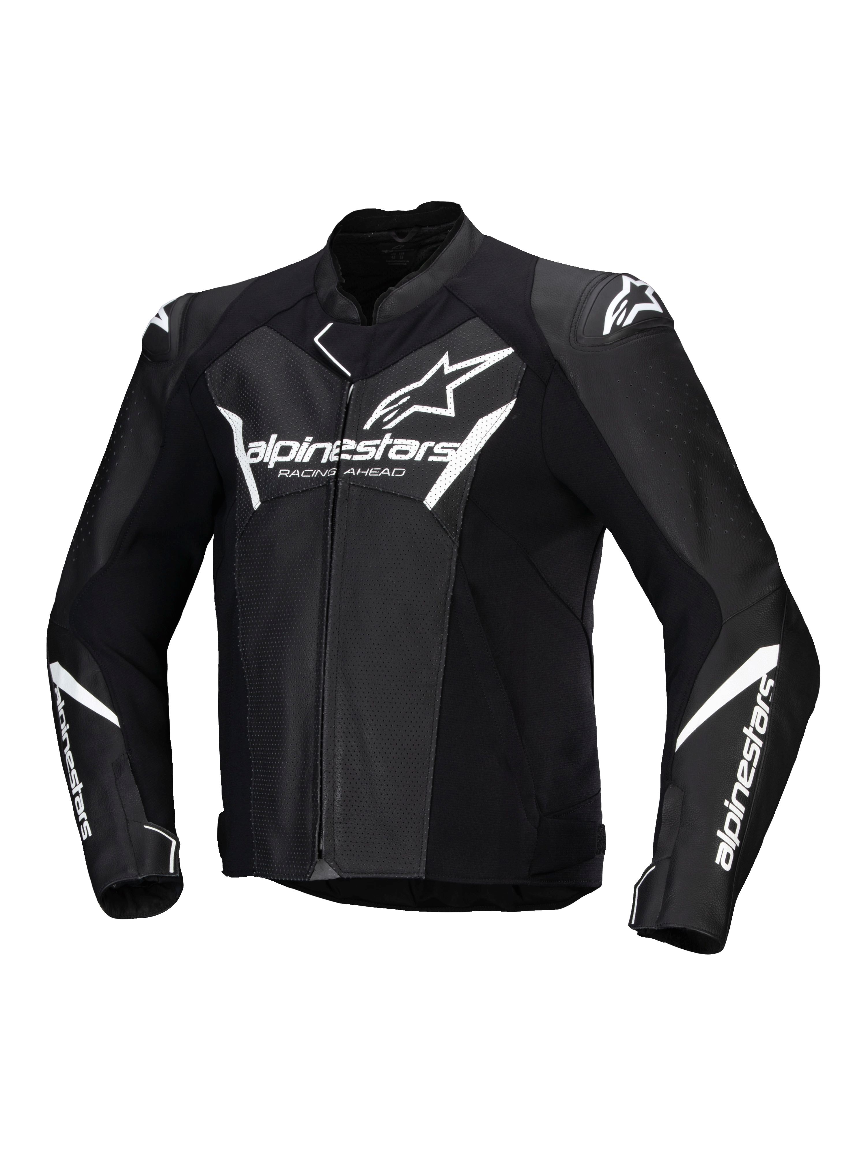 Alpinestars Faster V3 Airflow leren jas, heren-motorjas, zwart en wit, geperforeerd leer met schouderbescherming, CE-gecertificeerd