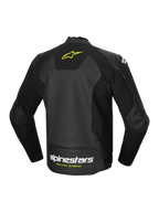 Alpinestars Faster V3 Airflow leren herenmotorjas, zwart met gele accenten, geperforeerde lederen constructie met stretchpanelen en logo-branding op de achterzijde
