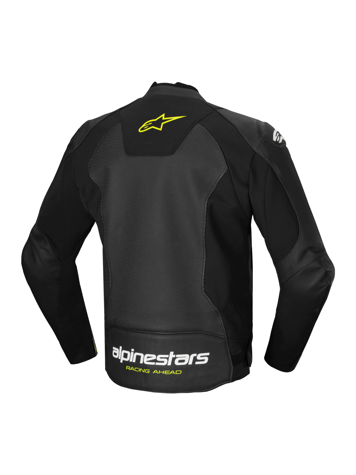 Alpinestars Faster V3 Airflow leren herenmotorjas, zwart met gele accenten, geperforeerde lederen constructie met stretchpanelen en logo-branding op de achterzijde
