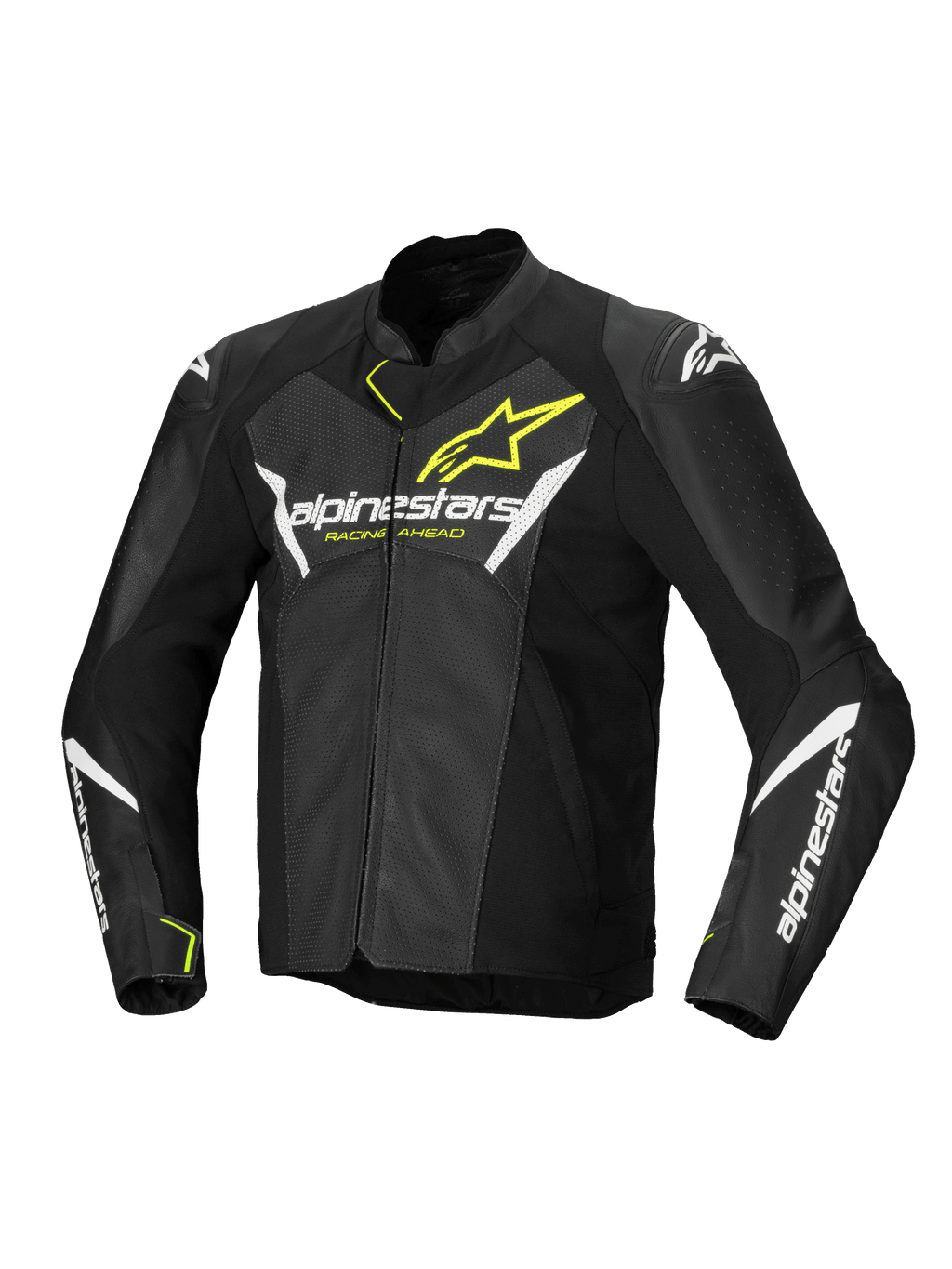 Alpinestars Faster V3 Airflow leren herenmotorjas, zwart, wit en geel flikker, geperforeerde lederen constructie, CE-gecertificeerd