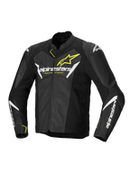 Alpinestars Faster V3 Airflow leren herenmotorjas, zwart, wit en geel flikker, geperforeerde lederen constructie, CE-gecertificeerd